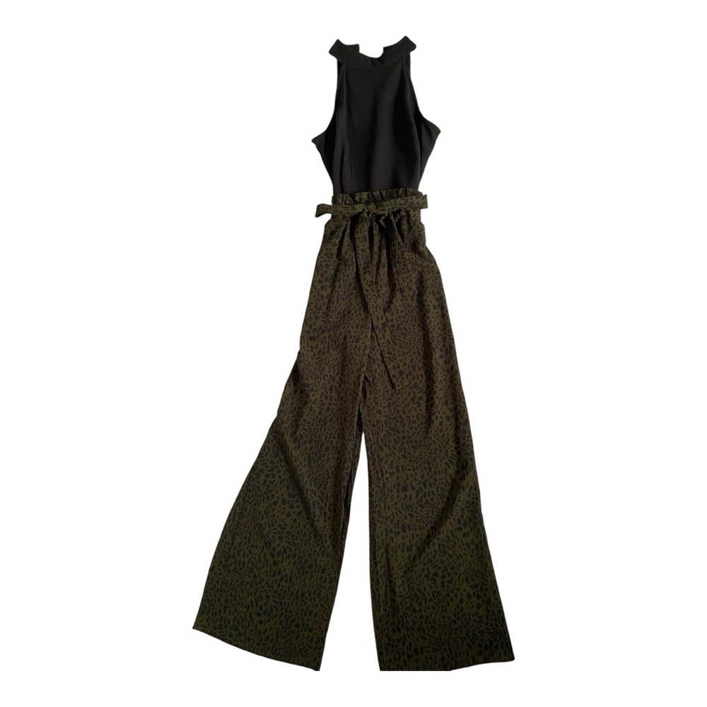 Francescas Julissan Black Top Green Leopard Print Sleeveless Jumpsuit Tie Waist - Picture 2 of 6